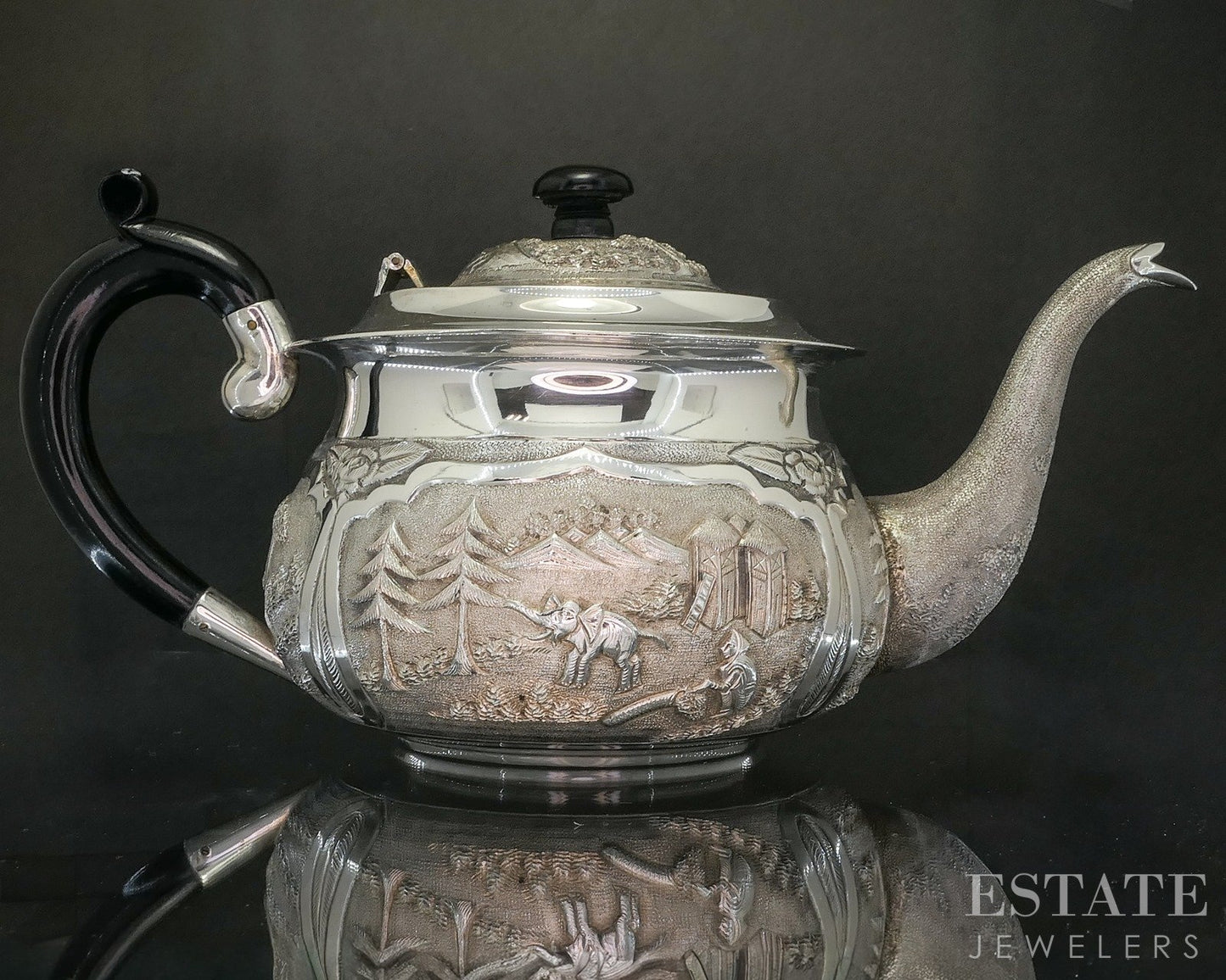 Antique Sterling Silver Indian Ebony Elephant Repoussé Teapot 672g p19772