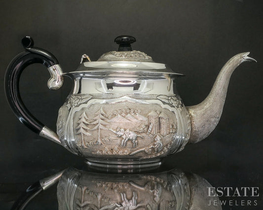 Antique Sterling Silver Indian Ebony Elephant Repoussé Teapot 672g p19772