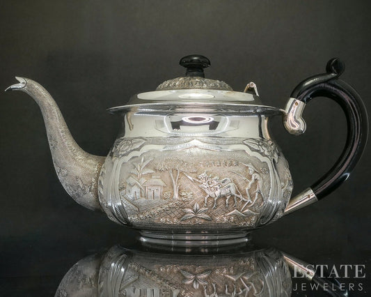 Antique Sterling Silver Indian Ebony Elephant Repoussé Teapot 672g p19772