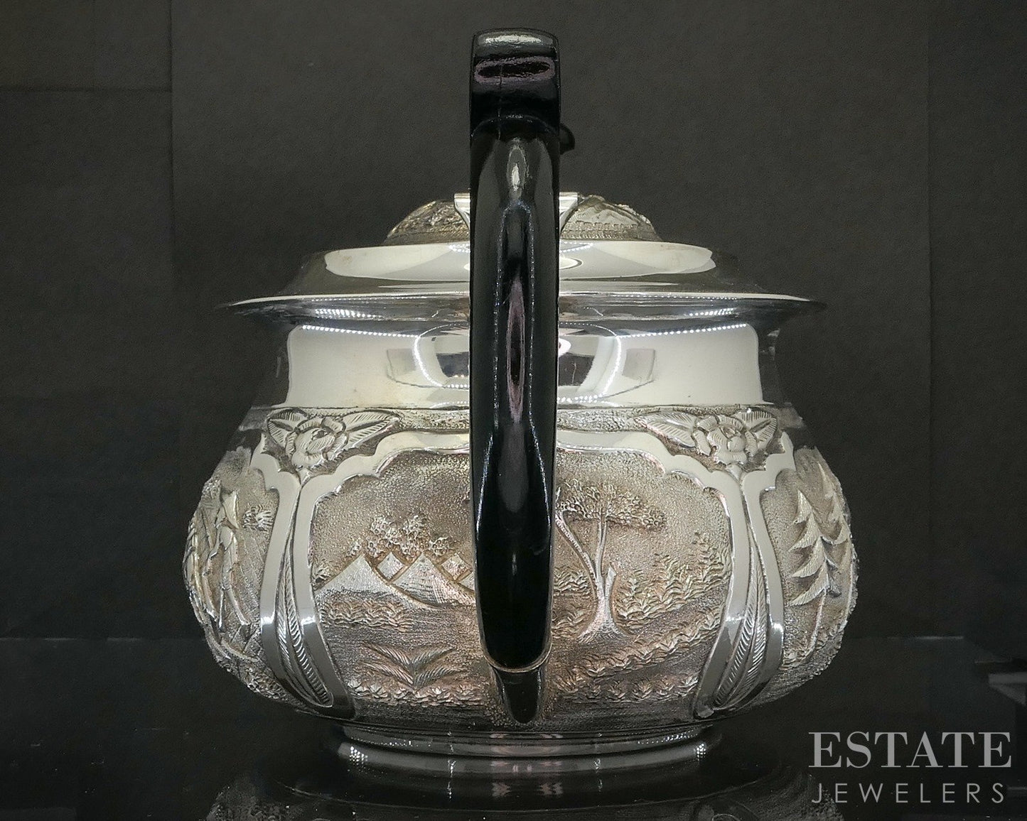 Antique Sterling Silver Indian Ebony Elephant Repoussé Teapot 672g p19772