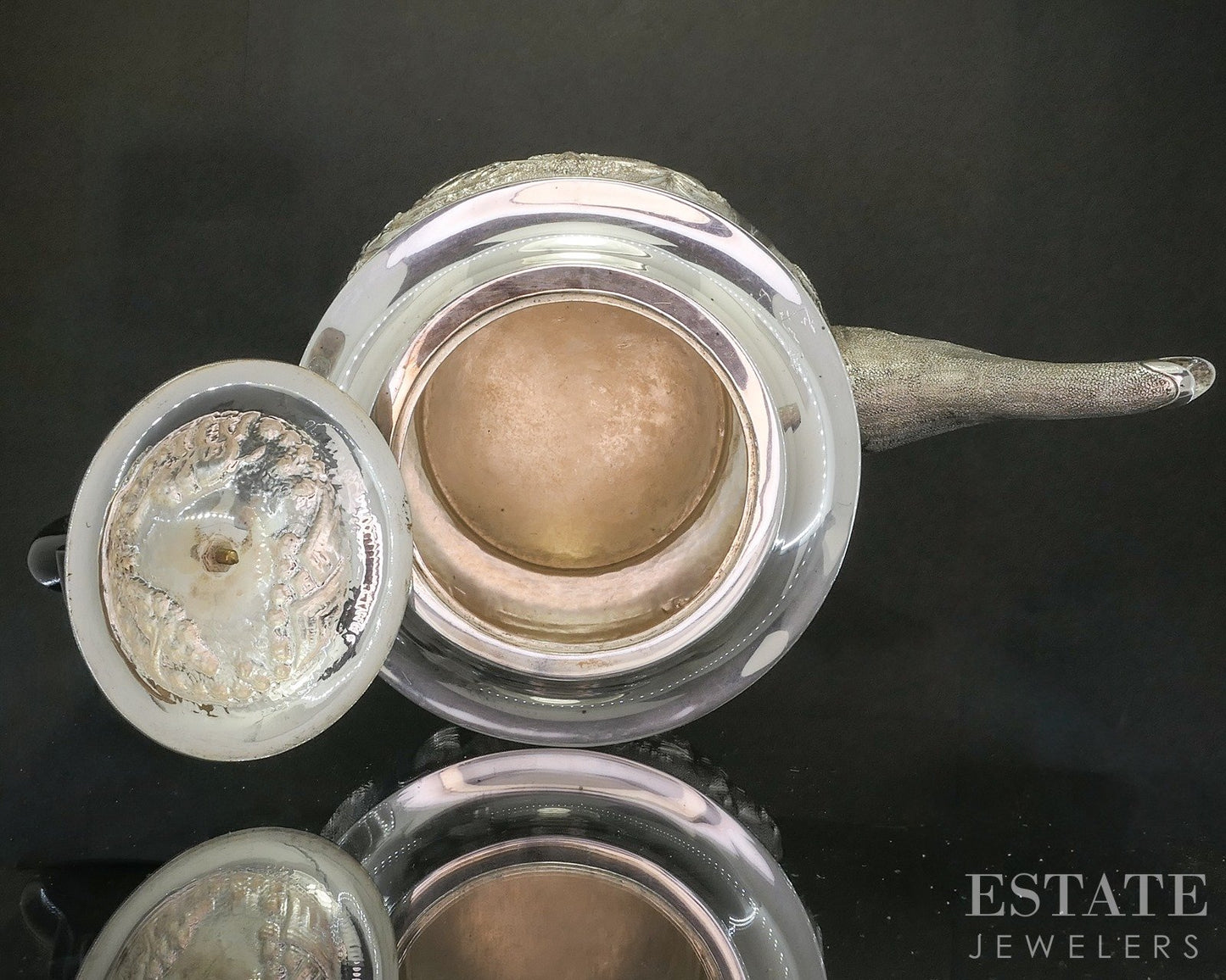 Antique Sterling Silver Indian Ebony Elephant Repoussé Teapot 672g p19772