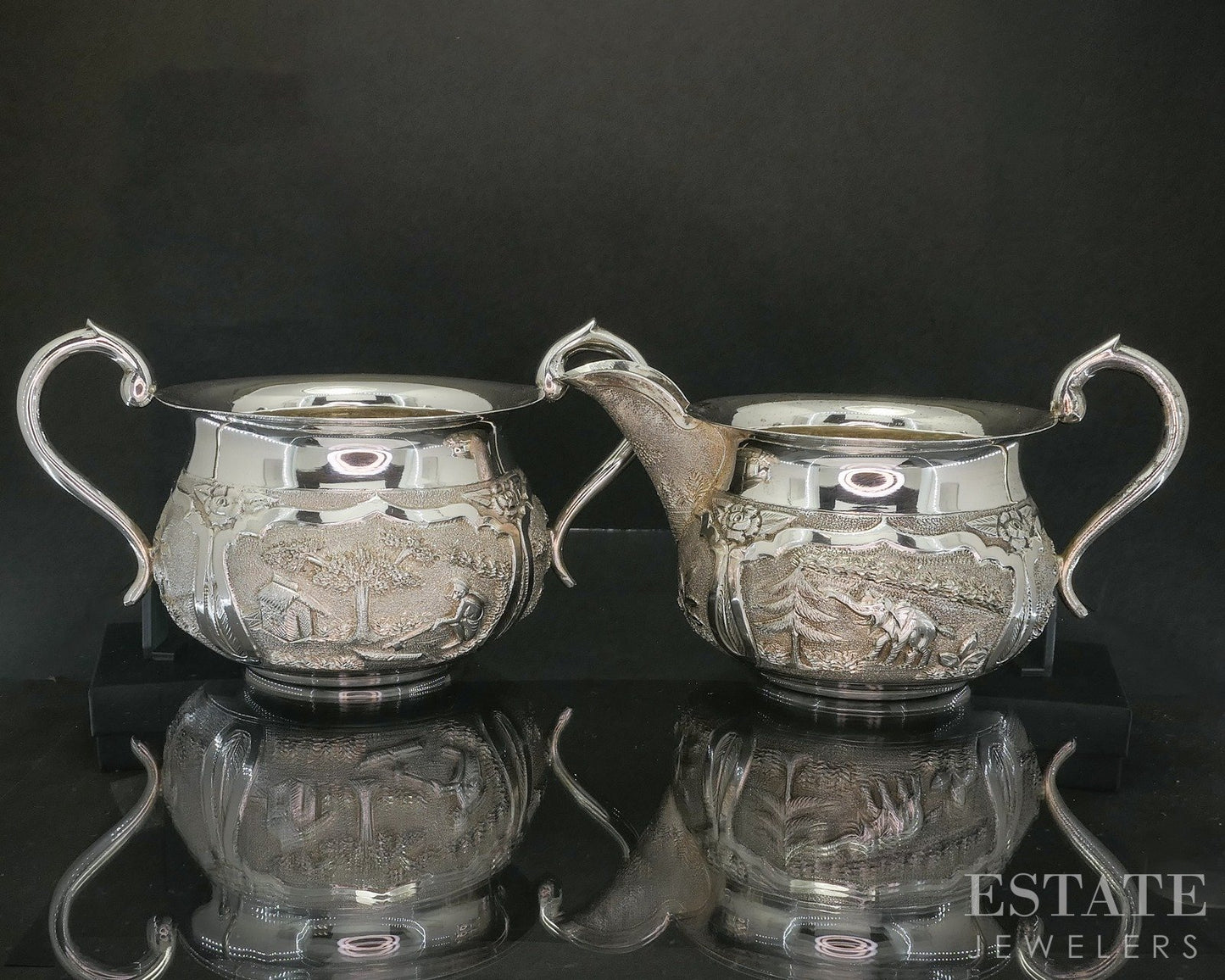 Antique Sterling Indian Elephant Repoussé Creamer & Sugar Bowl Set 372g p19728