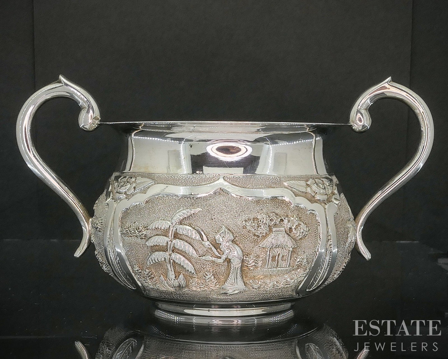 Antique Sterling Indian Elephant Repoussé Creamer & Sugar Bowl Set 372g p19728