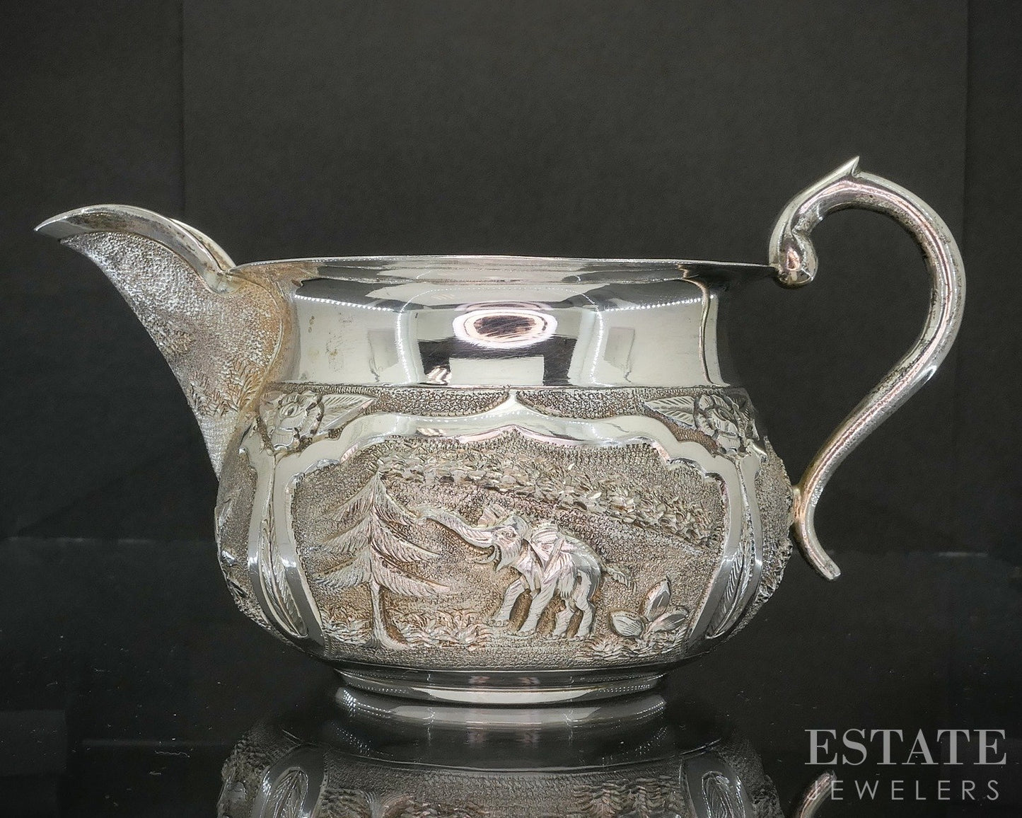 Antique Sterling Indian Elephant Repoussé Creamer & Sugar Bowl Set 372g p19728
