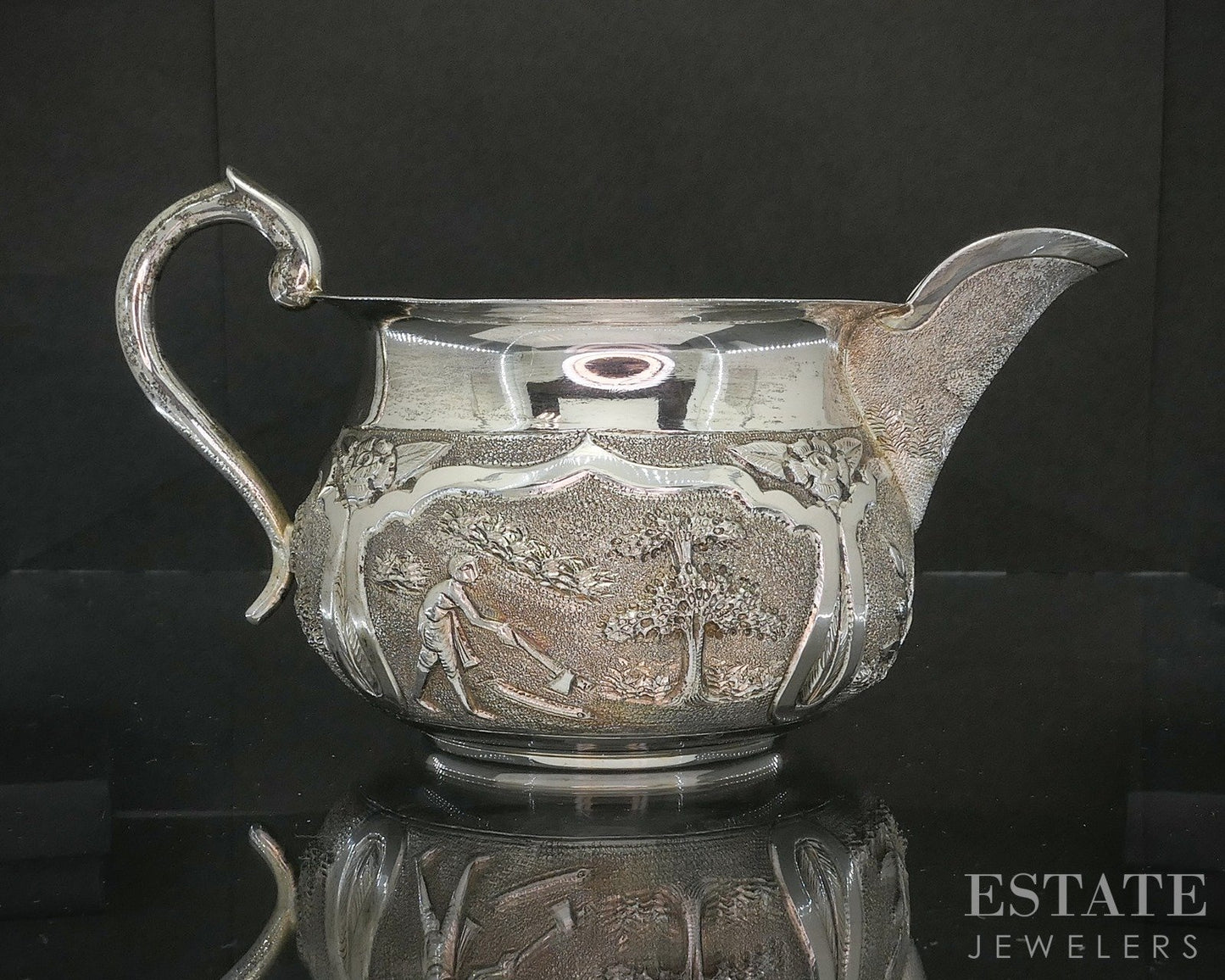 Antique Sterling Indian Elephant Repoussé Creamer & Sugar Bowl Set 372g p19728