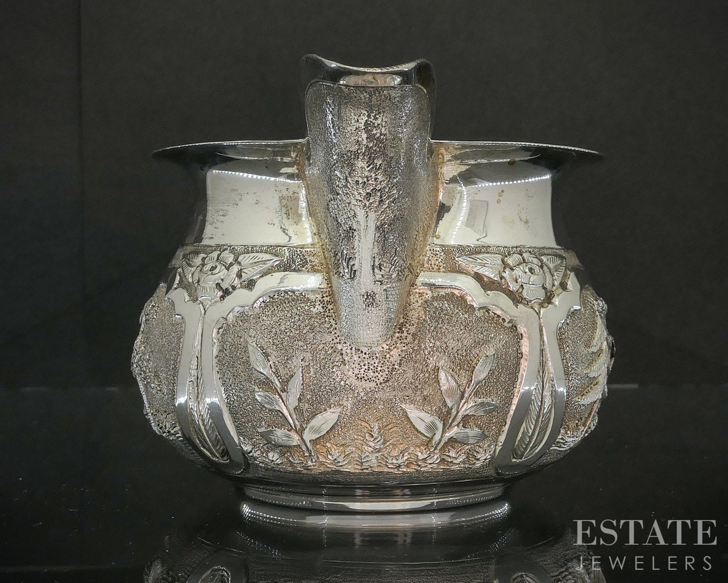 Antique Sterling Indian Elephant Repoussé Creamer & Sugar Bowl Set 372g p19728