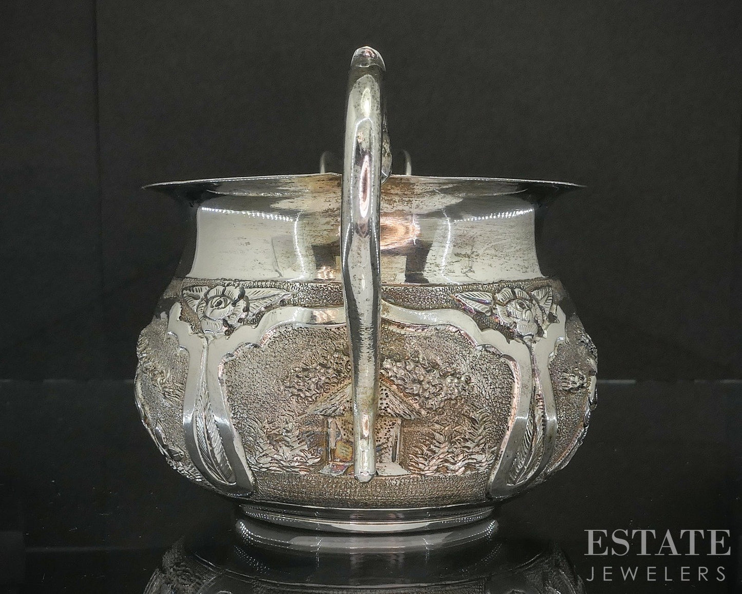 Antique Sterling Indian Elephant Repoussé Creamer & Sugar Bowl Set 372g p19728