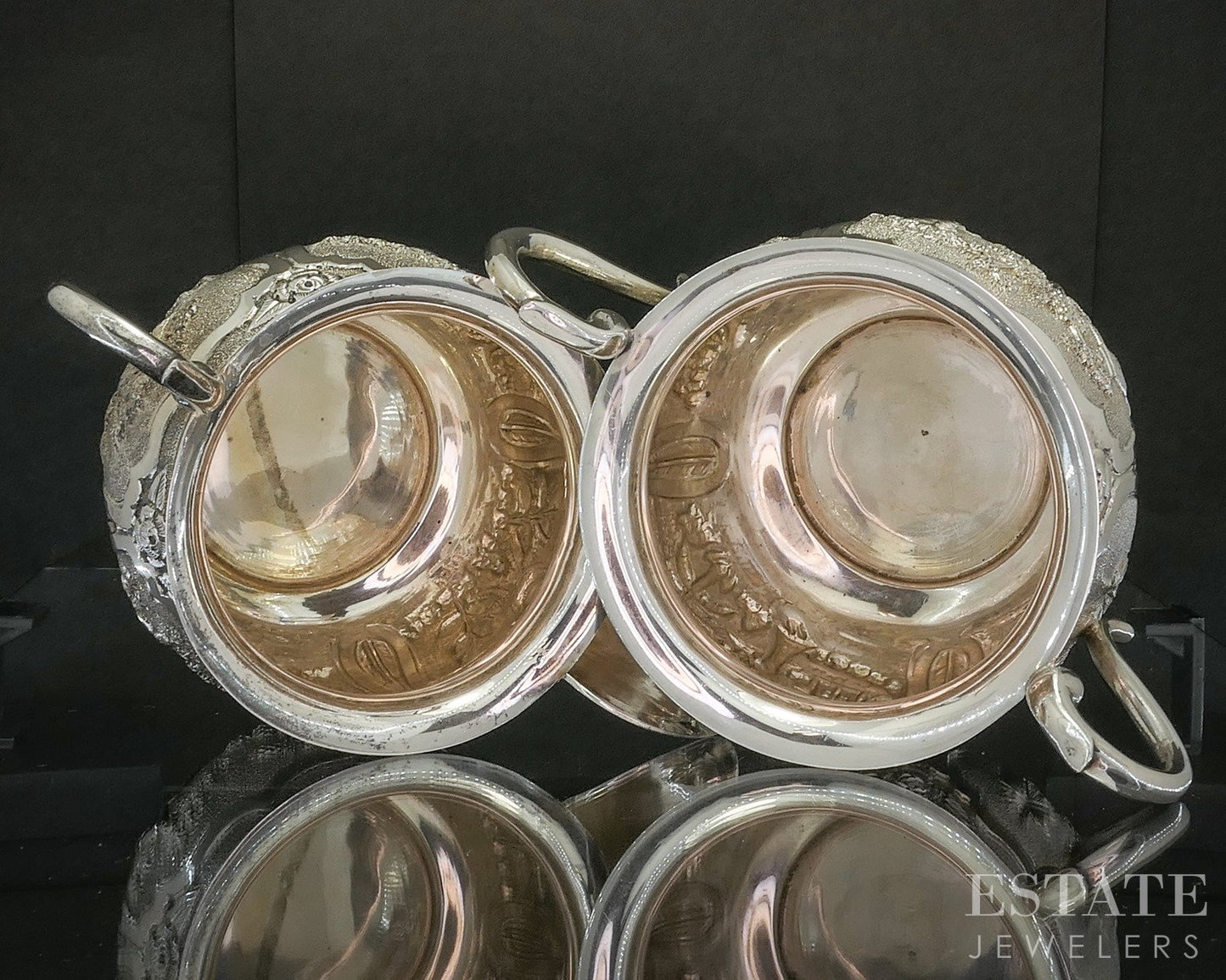 Antique Sterling Indian Elephant Repoussé Creamer & Sugar Bowl Set 372g p19728