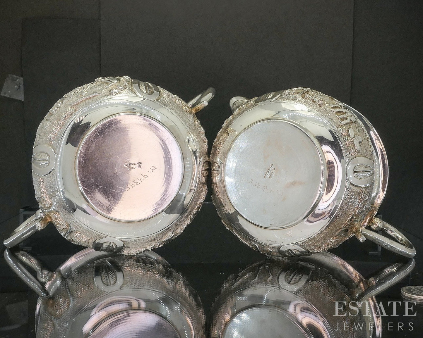 Antique Sterling Indian Elephant Repoussé Creamer & Sugar Bowl Set 372g p19728