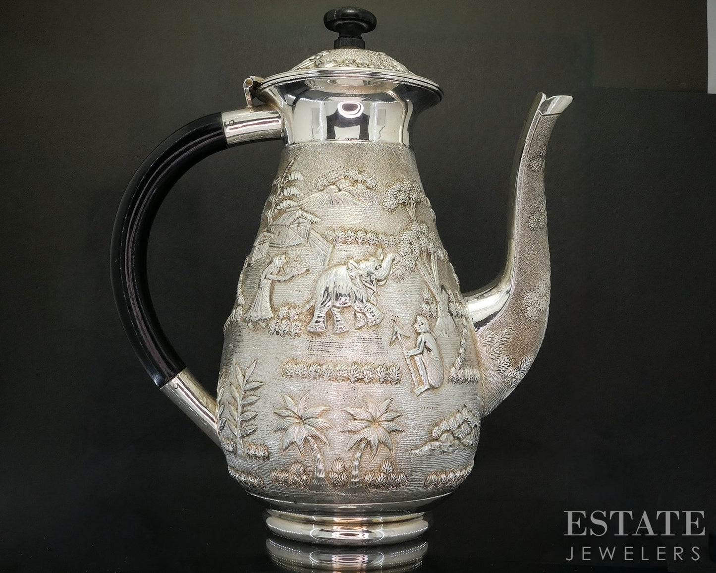 Antique Sterling Silver Indian Ebony Elephant Repoussé Coffee Pot 772g p20014