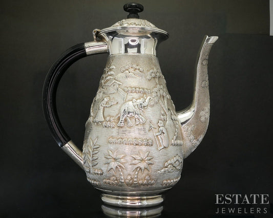 Antique Sterling Silver Indian Ebony Elephant Repoussé Coffee Pot 772g p20014