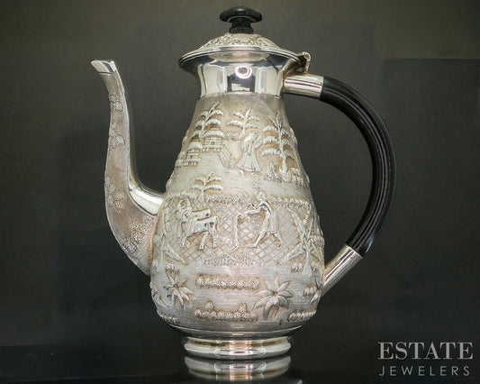 Antique Sterling Silver Indian Ebony Elephant Repoussé Coffee Pot 772g p20014