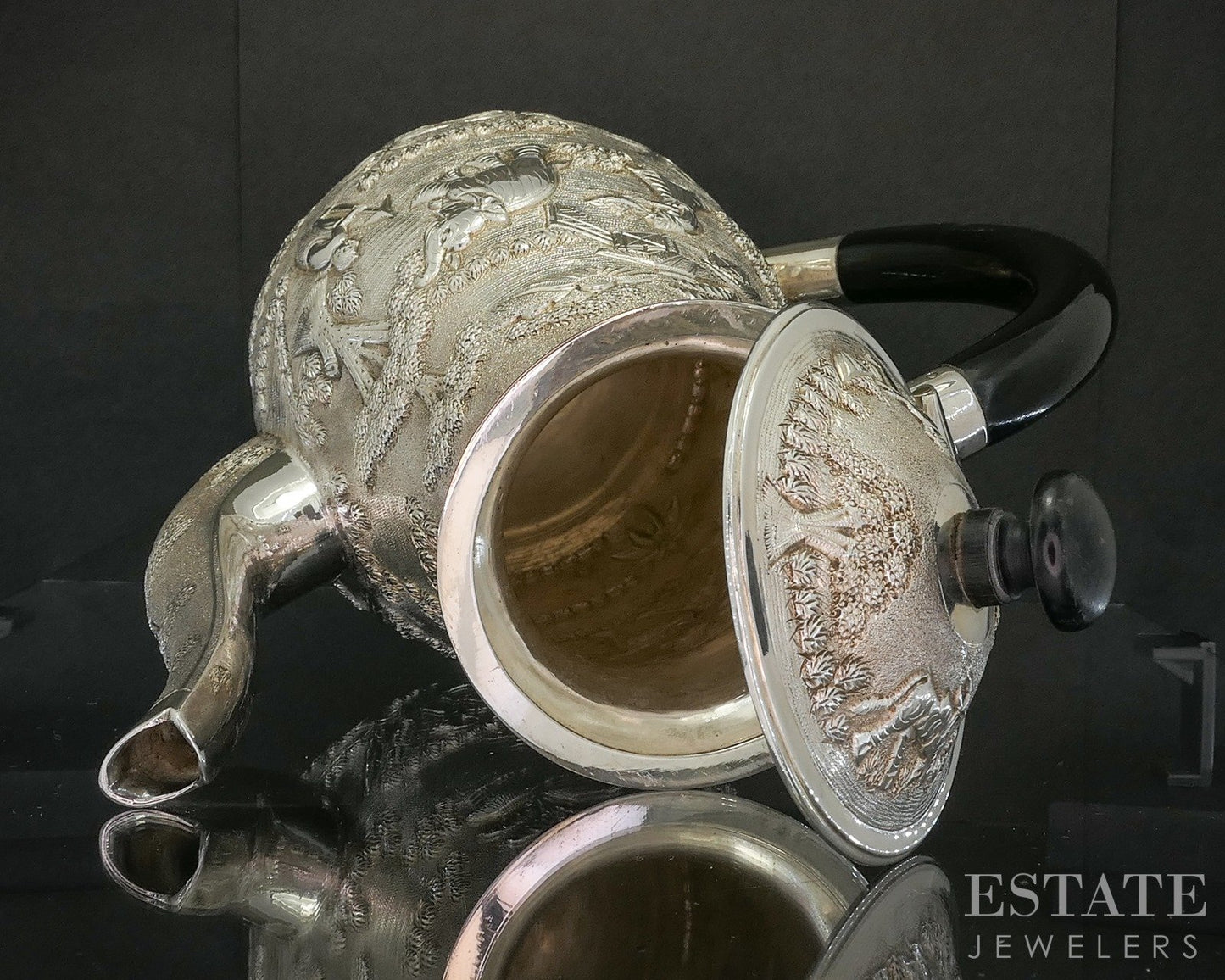 Antique Sterling Silver Indian Ebony Elephant Repoussé Coffee Pot 772g p20014