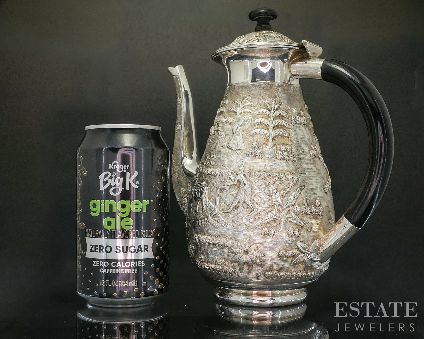 Antique Sterling Silver Indian Ebony Elephant Repoussé Coffee Pot 772g p20014