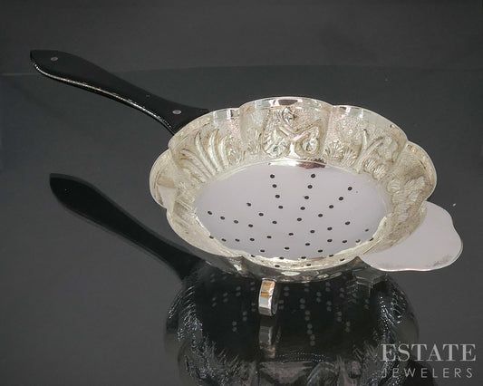 Antique Sterling Silver Indian Ebony Elephant Repoussé Tea Strainer 58g p19729