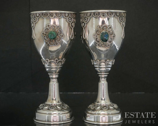 Sterling Silver Eilat Stone Israel Judaica Kiddush Cup Goblet Set 92g p19734