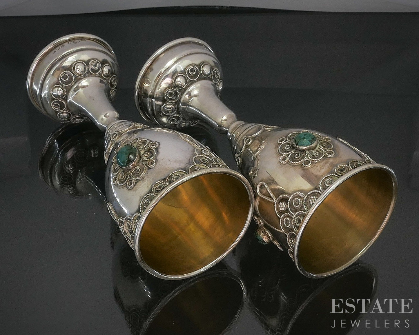 Sterling Silver Eilat Stone Israel Judaica Kiddush Cup Goblet Set 92g p19734
