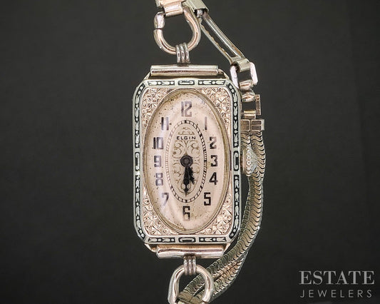 Antique Art Deco 14k White Gold Elgin Enameled Ladies Watch 19.9g p15962