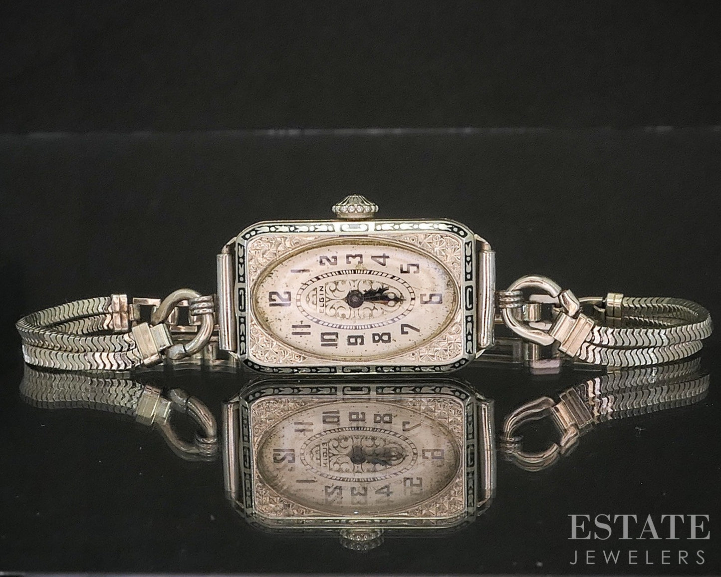 Antique Art Deco 14k White Gold Elgin Enameled Ladies Watch 19.9g p15962