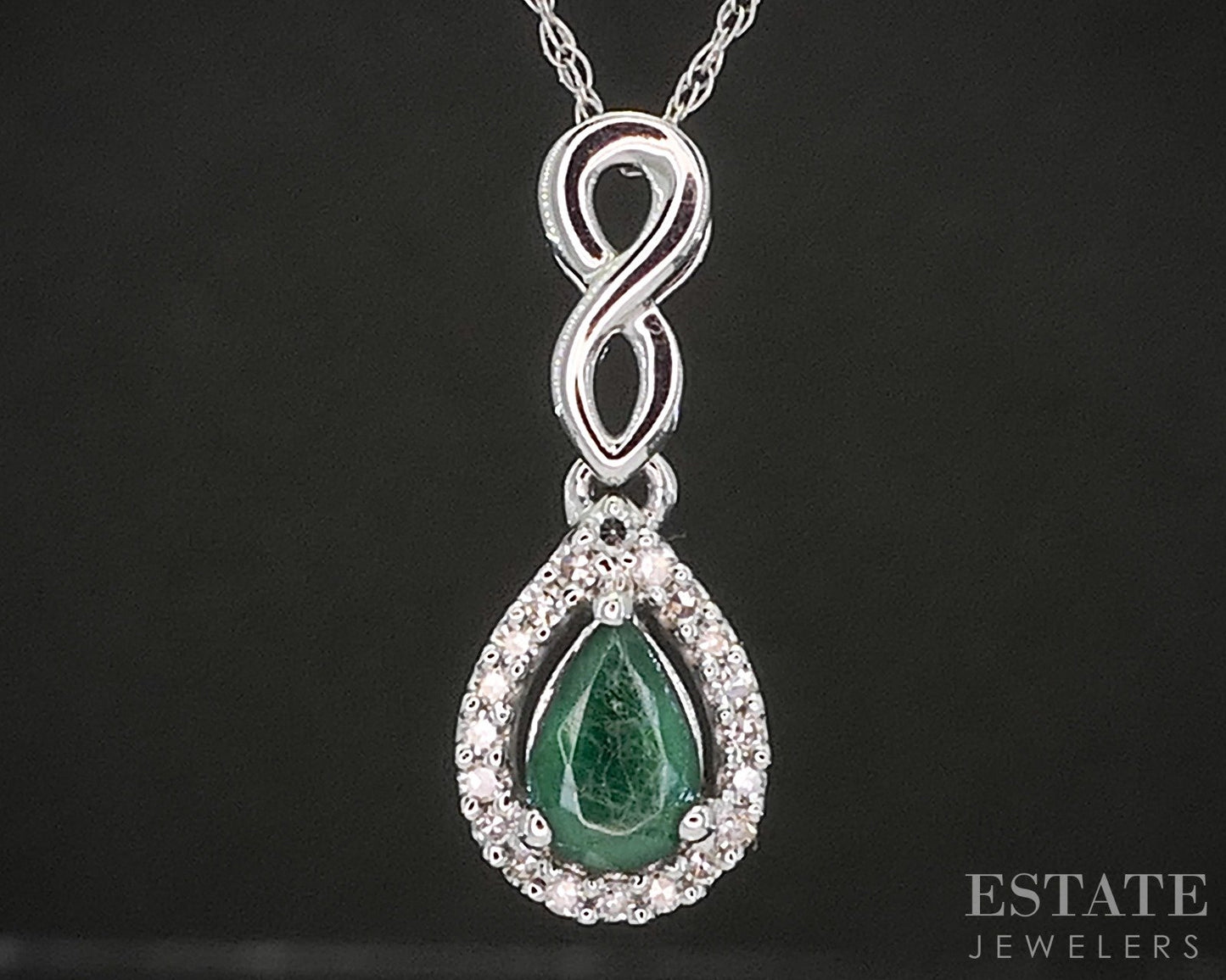 10k White Gold Natural Emerald & Diamond Ladies Necklace 1.4g 18"L p16047