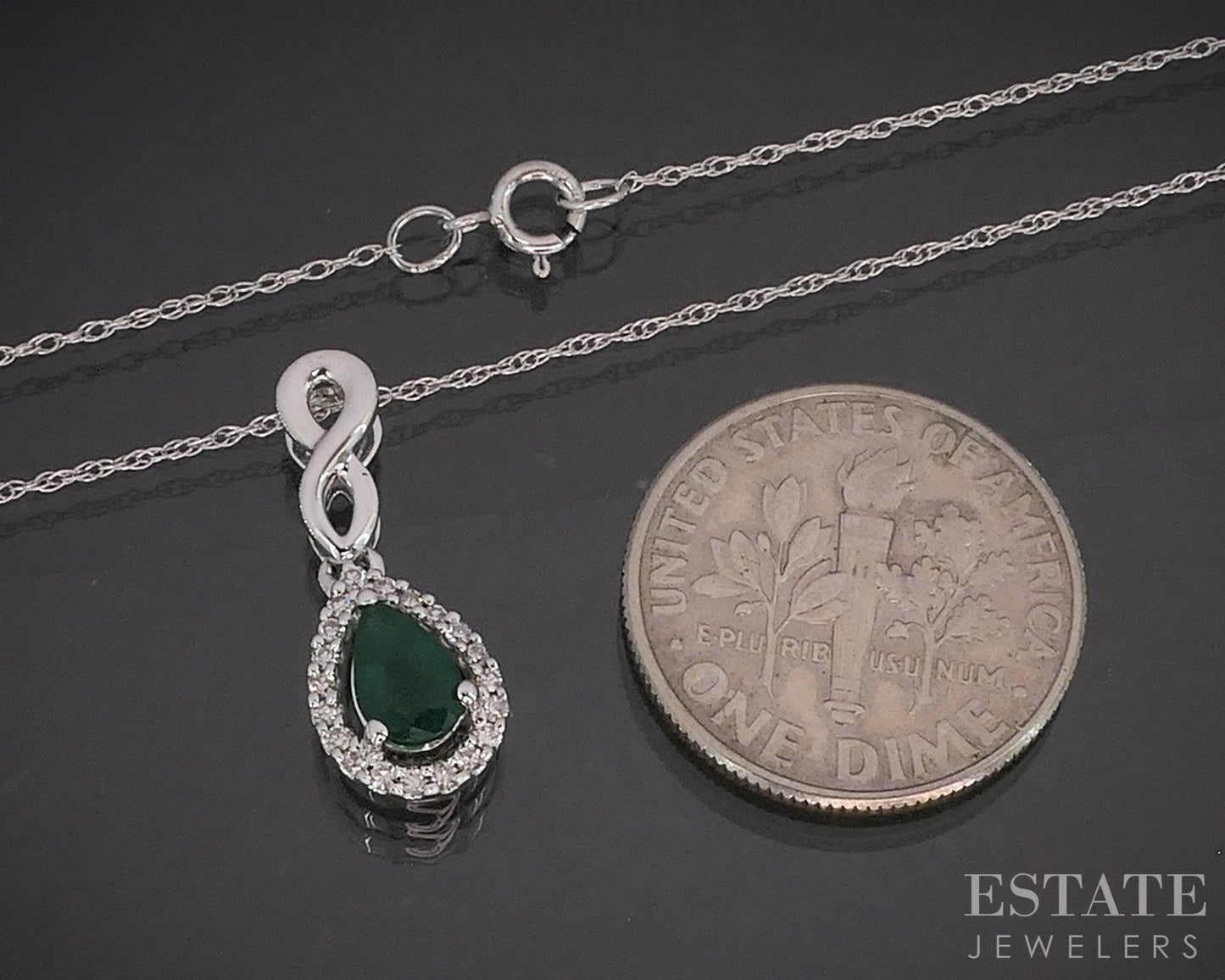 10k White Gold Natural Emerald & Diamond Ladies Necklace 1.4g 18"L p16047