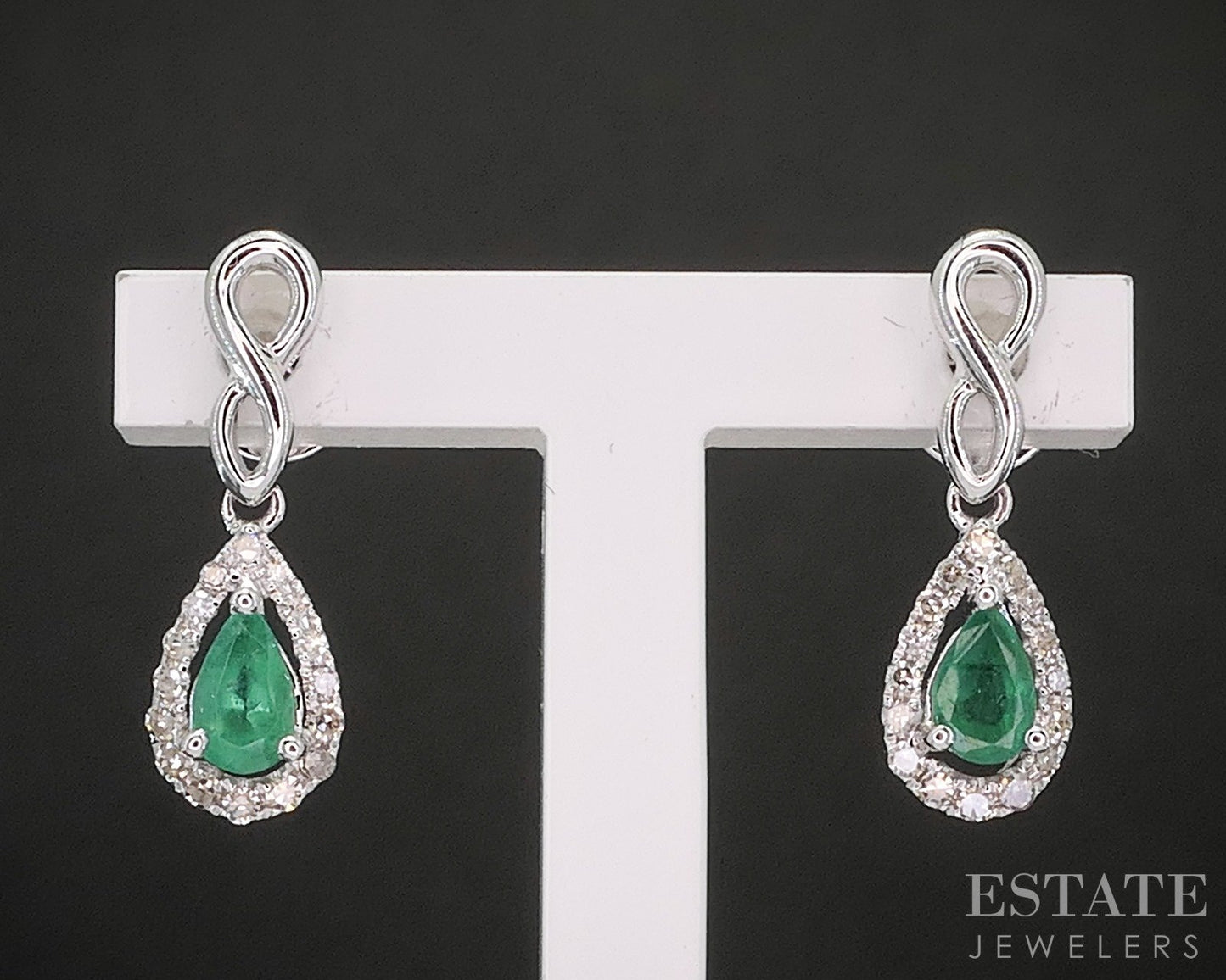 10k White Gold Natural Emerald & Diamond Dangle Ladies Earrings 1.7g p16487