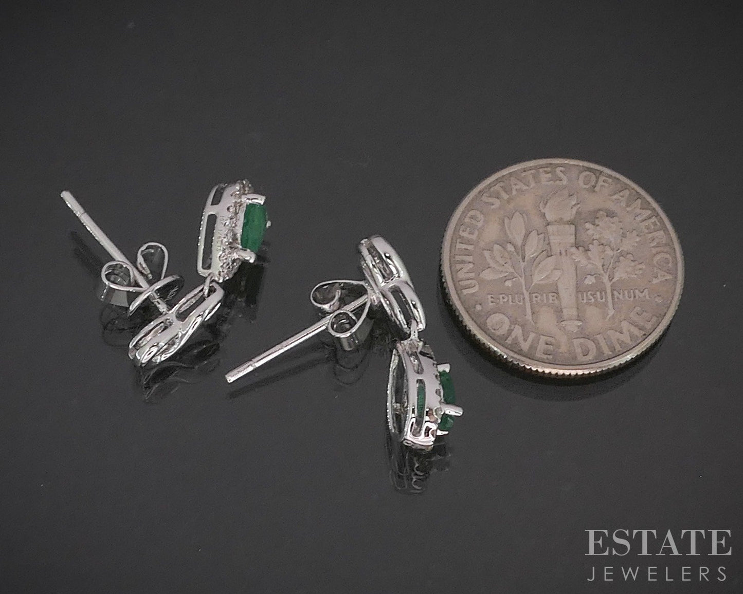 10k White Gold Natural Emerald & Diamond Dangle Ladies Earrings 1.7g p16487