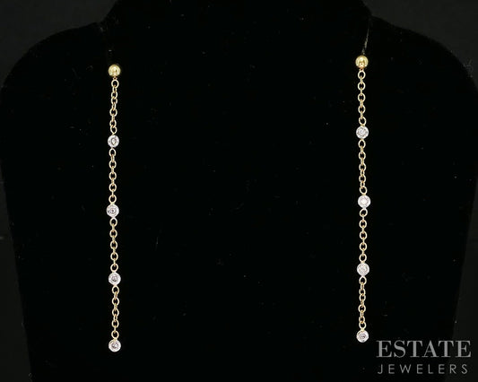 18k Yellow Gold Natural .08ctw Diamond By the Yard Dangle Earrings 1.7g p15974