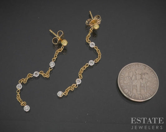 18k Yellow Gold Natural .08ctw Diamond By the Yard Dangle Earrings 1.7g p15974
