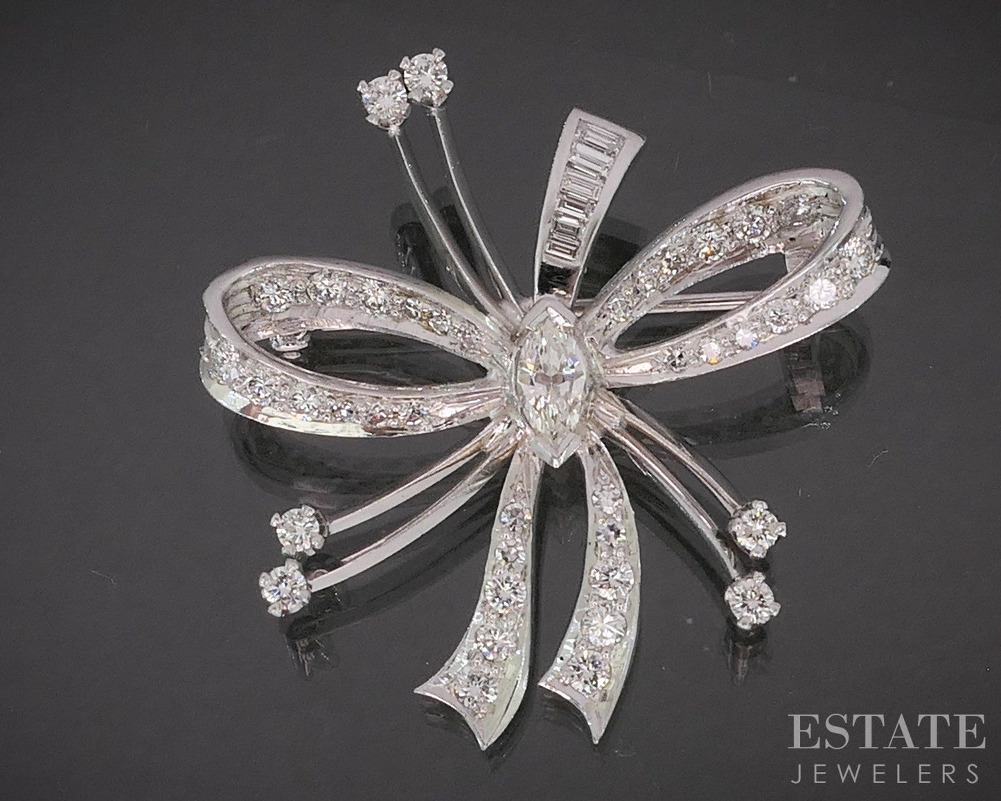 Vintage Platinum Natural 1.90ctw Diamond Bow Ribbon Pin Pendant 8.6g p16551