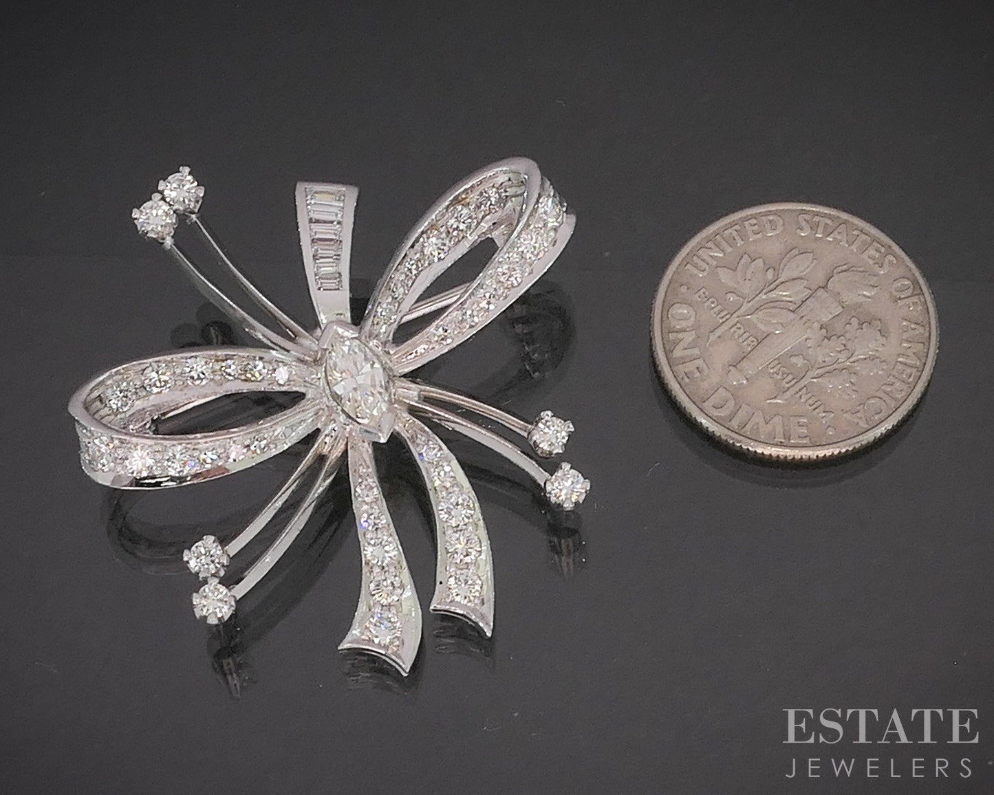 Vintage Platinum Natural 1.90ctw Diamond Bow Ribbon Pin Pendant 8.6g p16551