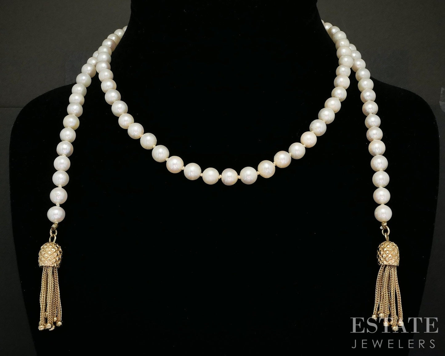 14k Yellow Gold 6mm Akoya Pearl Ladies Tassel Necklace 53g 32"L p15958