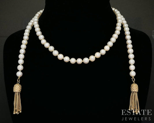 14k Yellow Gold 6mm Akoya Pearl Ladies Tassel Necklace 53g 32"L p15958