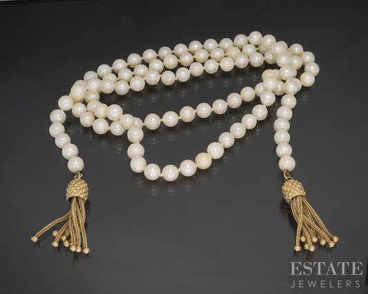 14k Yellow Gold 6mm Akoya Pearl Ladies Tassel Necklace 53g 32"L p15958