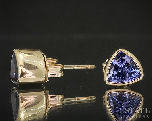 14k Yellow Gold Trillion Natural Tanzanite Bezel Set Stud Earrings 2.0g p16585
