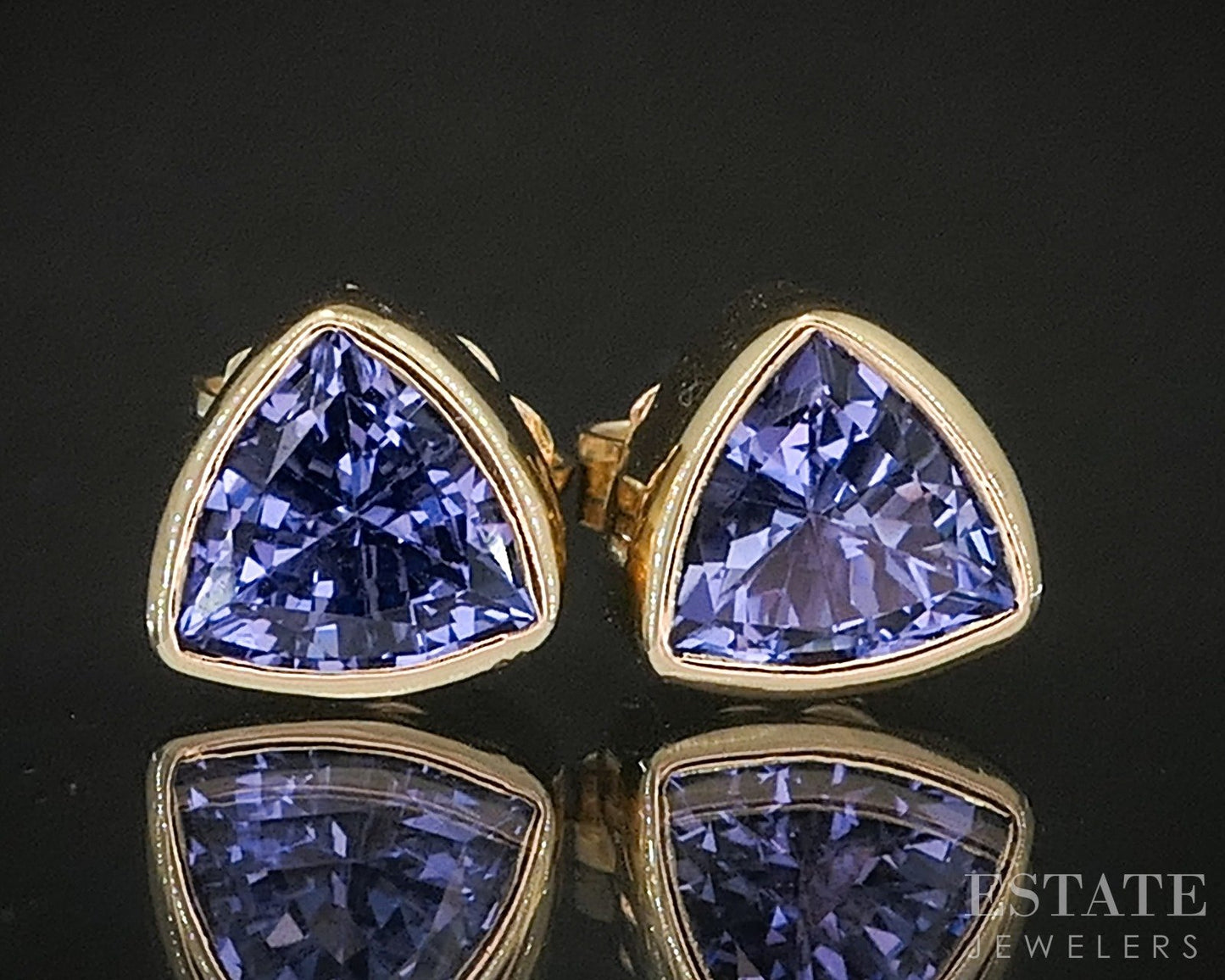 14k Yellow Gold Trillion Natural Tanzanite Bezel Set Stud Earrings 2.0g p16585