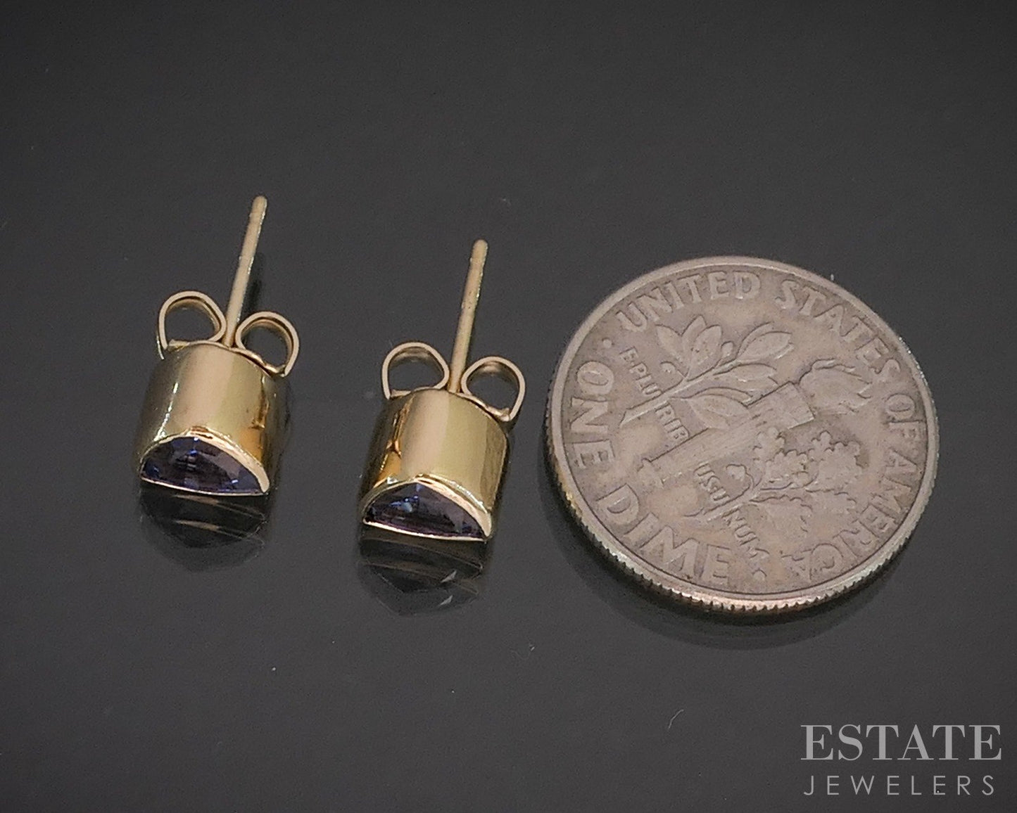 14k Yellow Gold Trillion Natural Tanzanite Bezel Set Stud Earrings 2.0g p16585