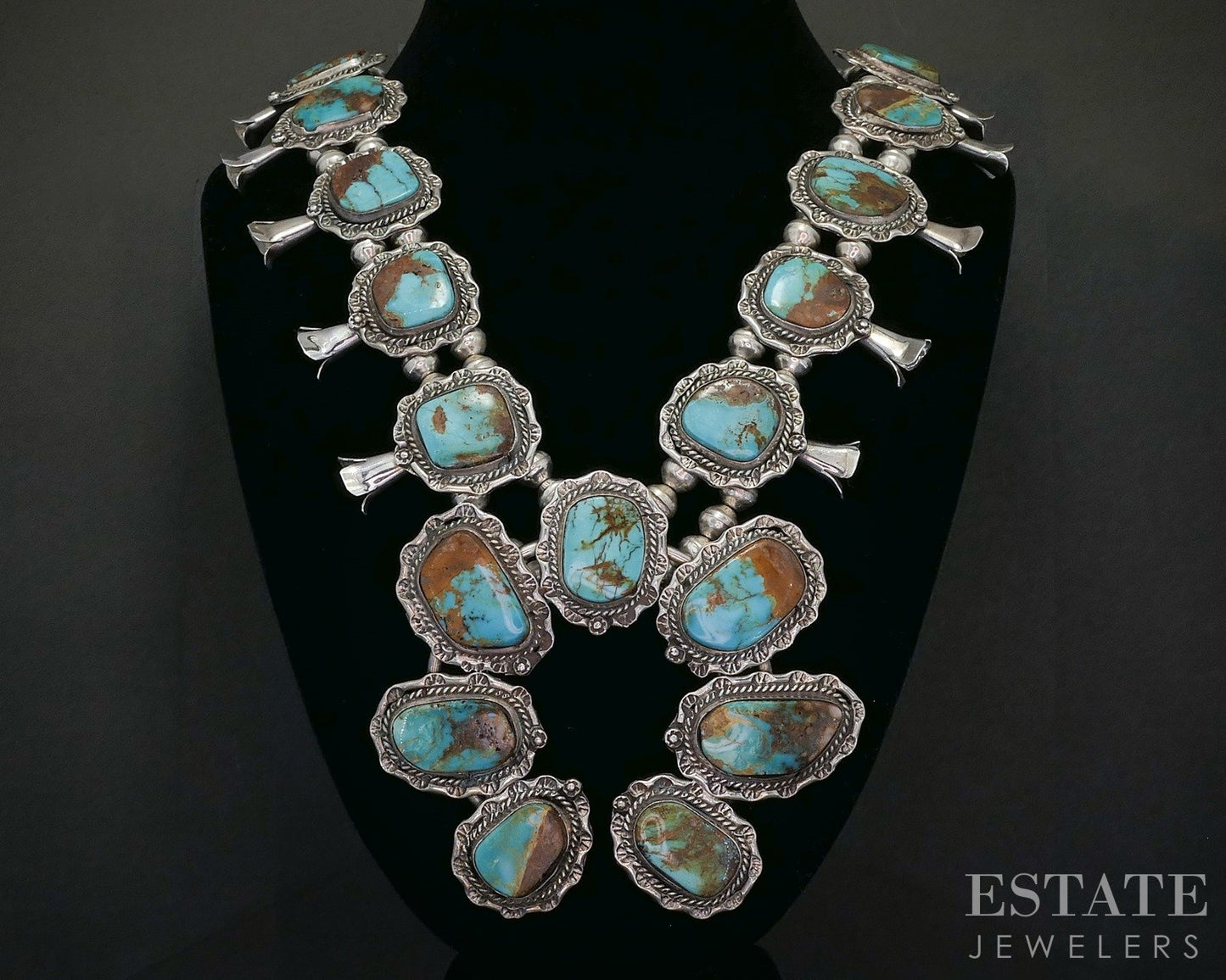 Sterling Bisbee Turquoise Signed AC Navajo Squash Blossom Necklace 195g p16282