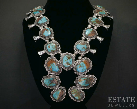 Sterling Bisbee Turquoise Signed AC Navajo Squash Blossom Necklace 195g p16282