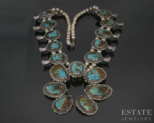 Sterling Bisbee Turquoise Signed AC Navajo Squash Blossom Necklace 195g p16282