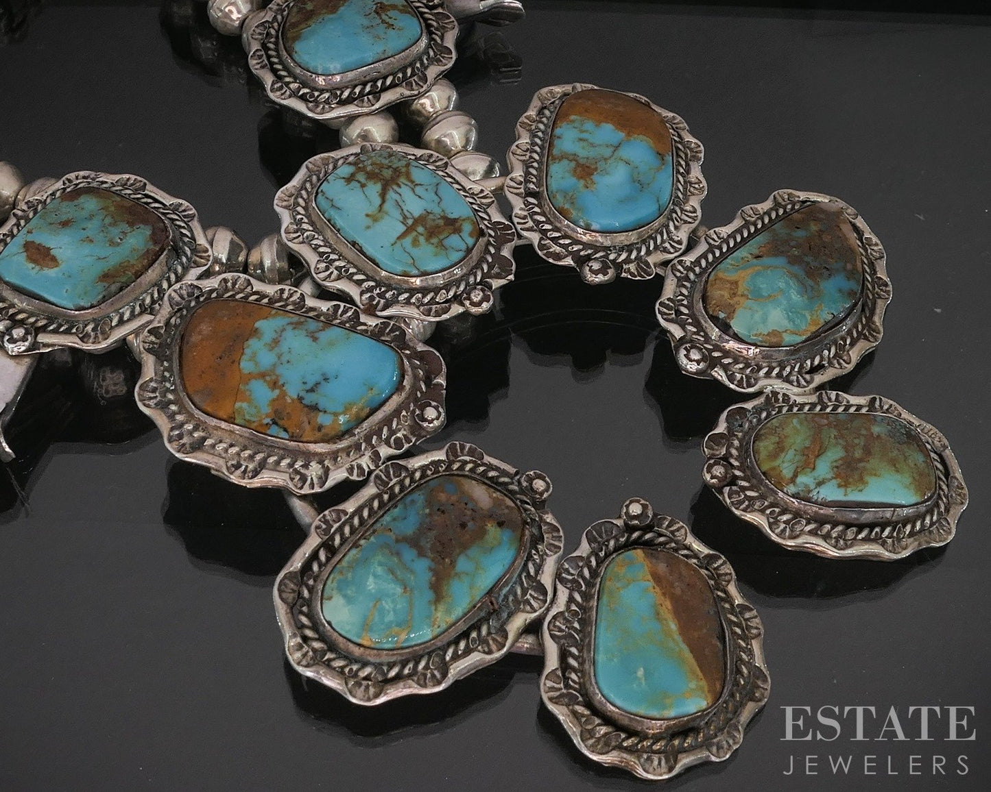 Sterling Bisbee Turquoise Signed AC Navajo Squash Blossom Necklace 195g p16282