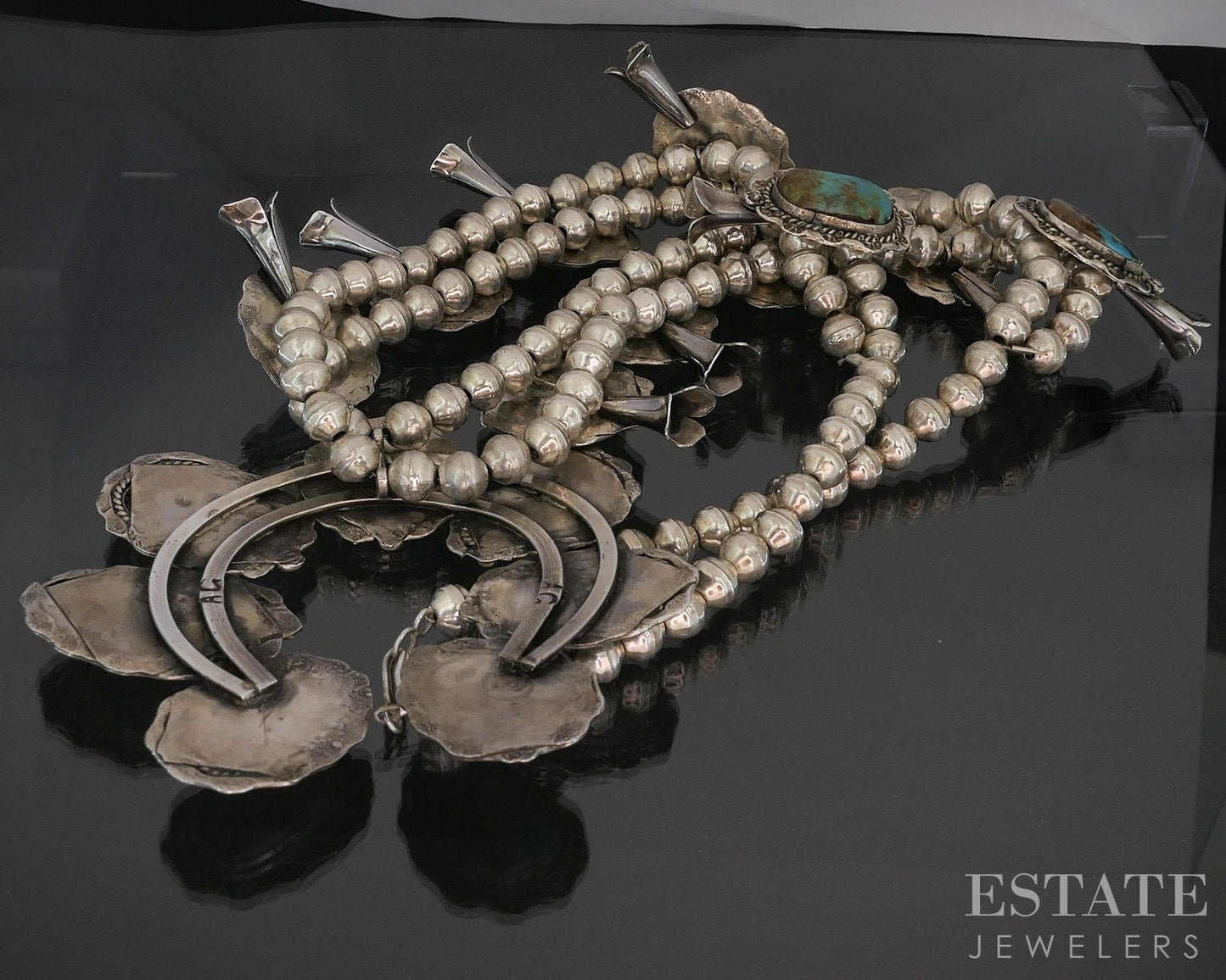 Sterling Bisbee Turquoise Signed AC Navajo Squash Blossom Necklace 195g p16282