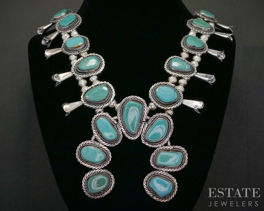 Sterling Natural Turquoise Navajo Squash Blossom Necklace 157g p16579