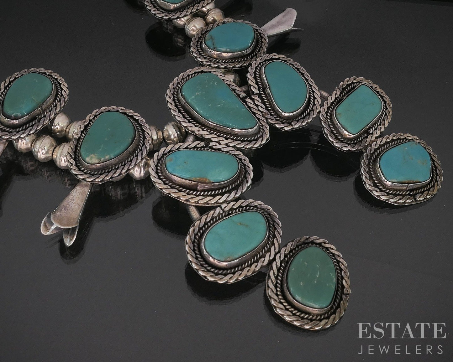 Sterling Natural Turquoise Navajo Squash Blossom Necklace 157g p16579