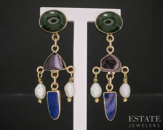14k Yellow Gold Natural Multi Gem & Pearl Dangle Earrings 5g p17012