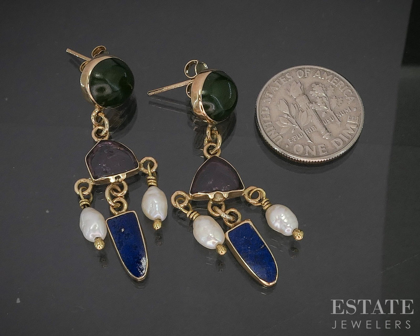 14k Yellow Gold Natural Multi Gem & Pearl Dangle Earrings 5g p17012