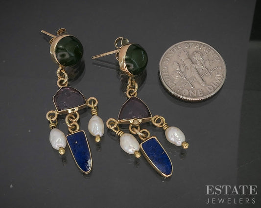 14k Yellow Gold Natural Multi Gem & Pearl Dangle Earrings 5g p17012
