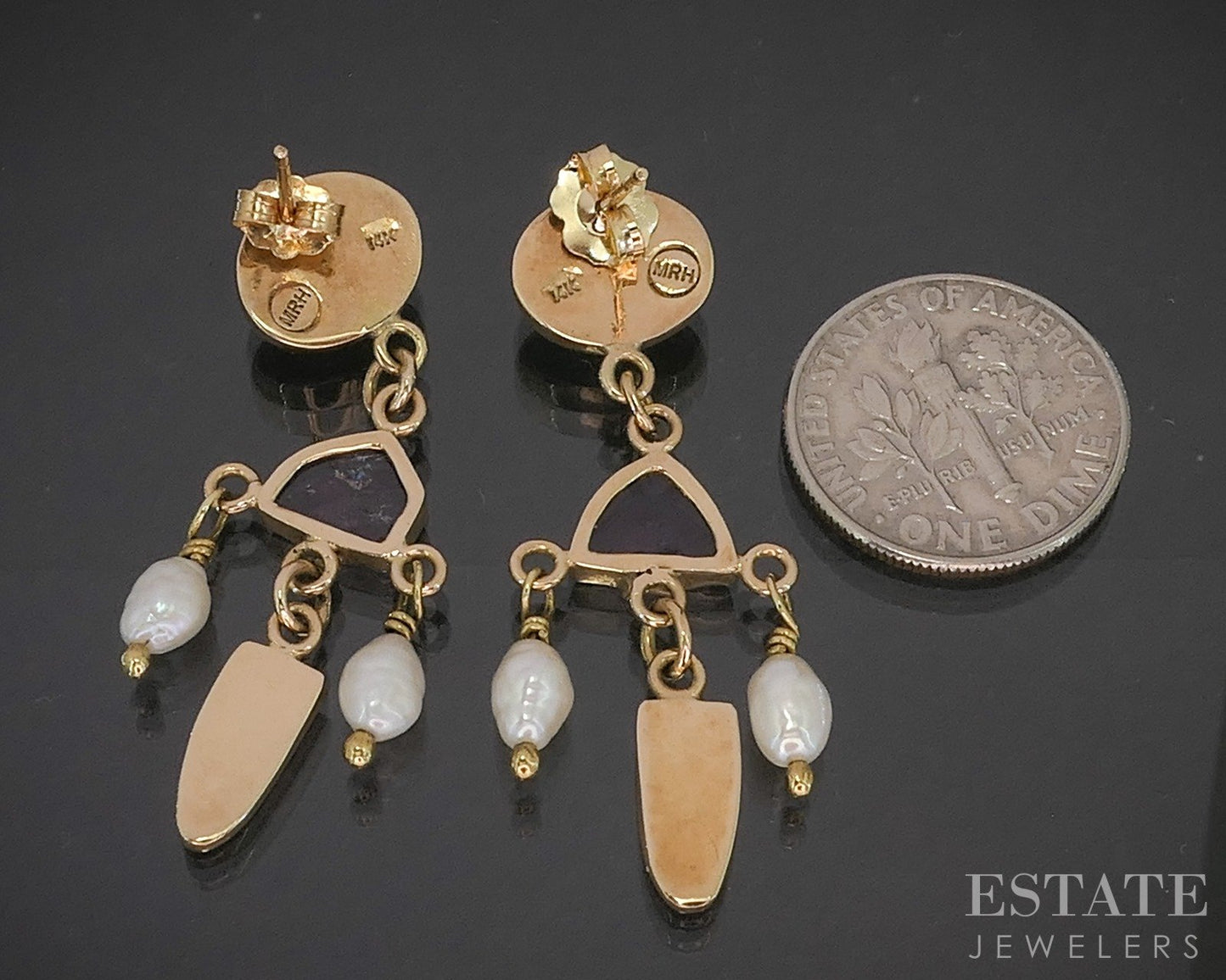 14k Yellow Gold Natural Multi Gem & Pearl Dangle Earrings 5g p17012