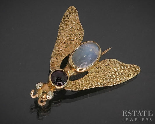 14k Yellow Gold Natural Moonstone & Garnet Fly Bug Pin Brooch 3.1g p17017