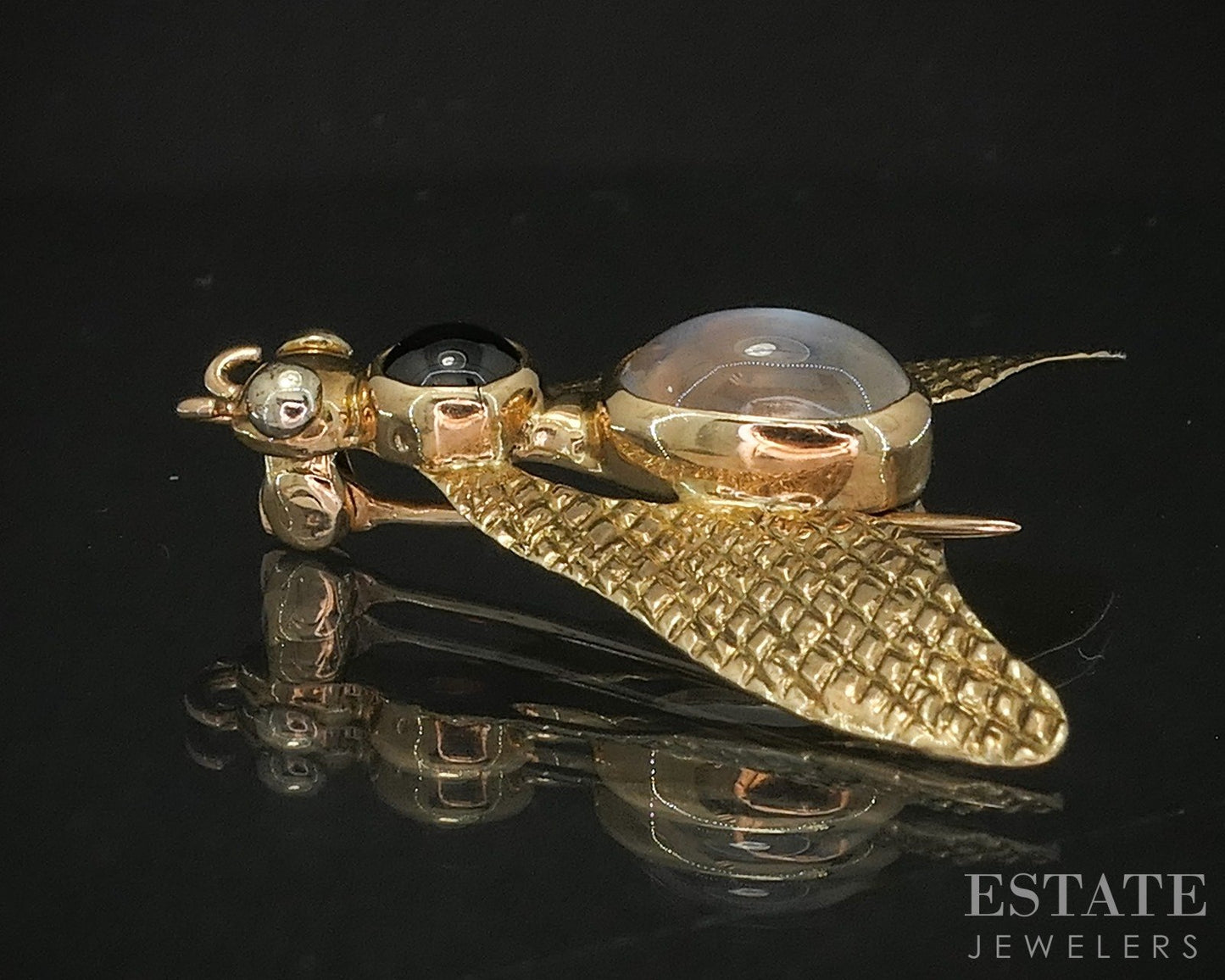 14k Yellow Gold Natural Moonstone & Garnet Fly Bug Pin Brooch 3.1g p17017